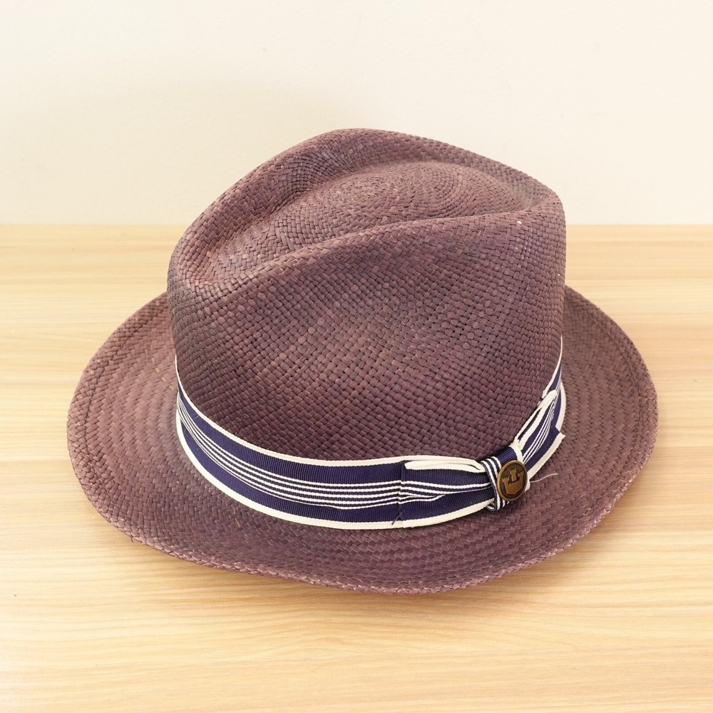 Vintage Goorin Bros Genuine Panama Hat Mens L Brown Blue Stripe Grosgrain Fedora